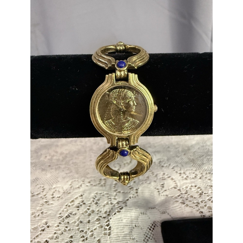 VTG Franklin Mint 1988 Cleopatra Bracelet Watch Lapis Lazuli 22k Gold EP Swiss